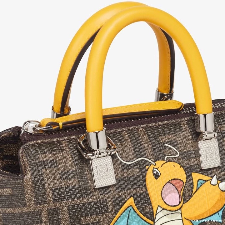 Affordable HOT Mini Way Dragon Fabric Pokmon FF By Fendi Boston In Brown The Bag Motif Yellow 0729